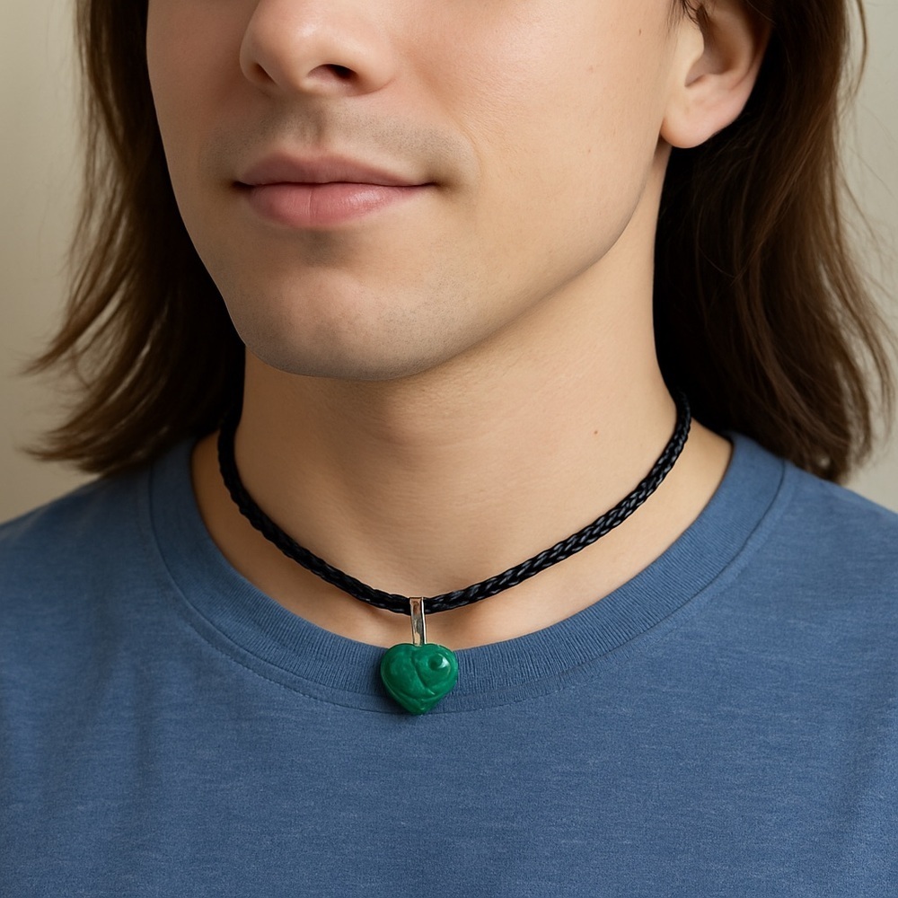 Unisex black braided cord and green heart pendant